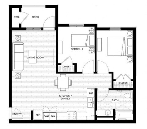 Floor plan for 2 beds, 1 bath, 822 sqft